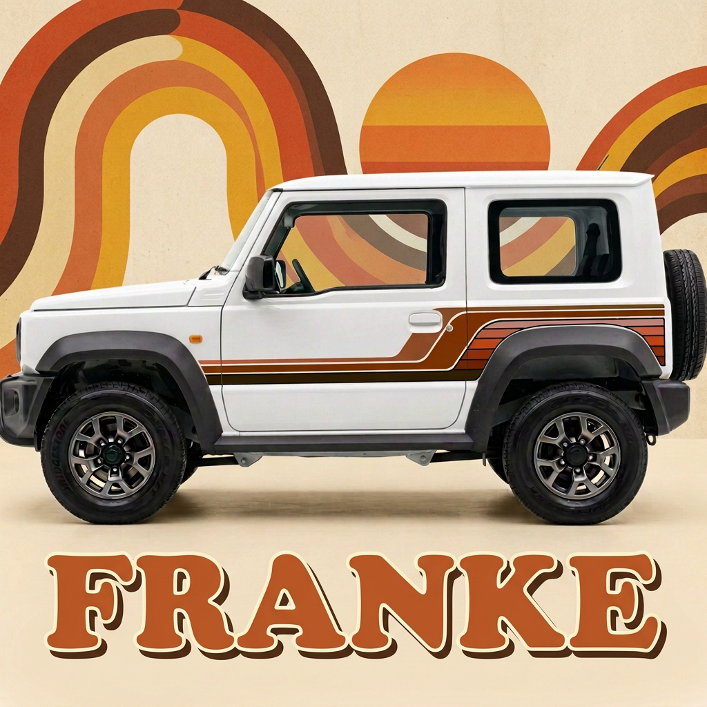 Retro Jimny artwork with FRANKE in bold 1970s lettering below the car