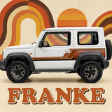 Retro Jimny artwork with FRANKE in bold 1970s lettering below the car