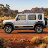 Silver Jimny with tan and black stripes in an Australian outback setting