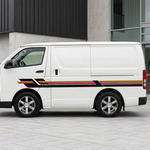 Striped Toyota Hiace in a modern setting with two people in the background