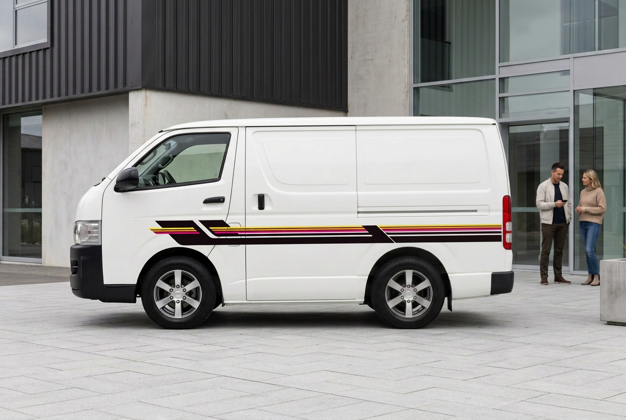 Striped Toyota Hiace in a modern setting with two people in the background