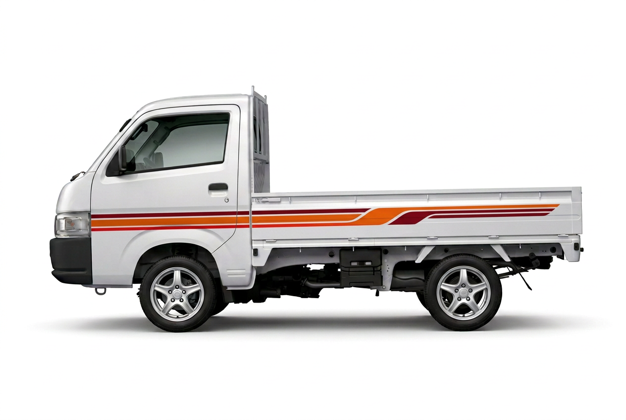 Suzuki Carry with red and orange stripes, mag wheels and white background