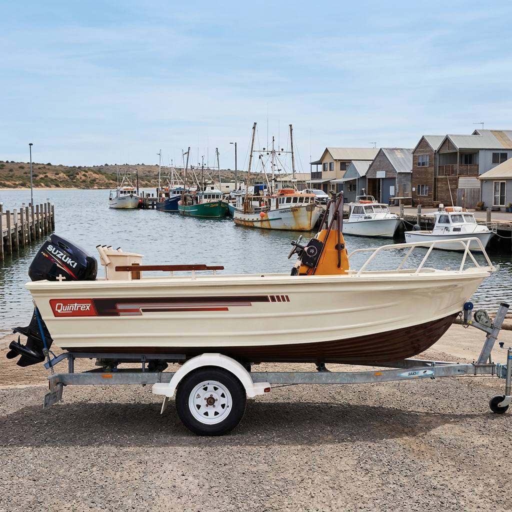 The Quintrex boat in a fishing town harbour with moored fishing boats and a jetty behind