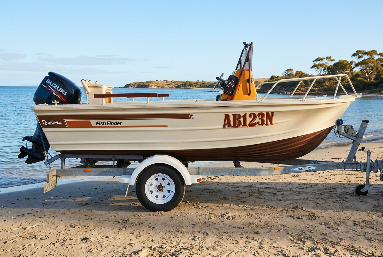 The Quintrex boat with its Fish Finder stripes and AB123N lettering on a sandy beach with calm coastal water behind