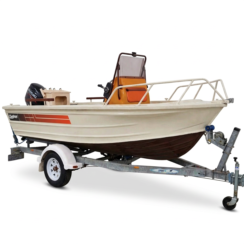 Three-quarter bow view of the boat with the new stripe kit