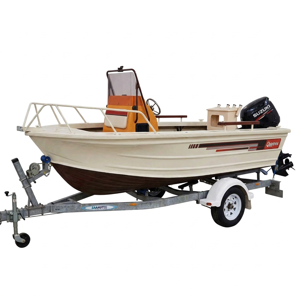 Three-quarter bow view of the Quintrex boat with its red and dark stripe kit