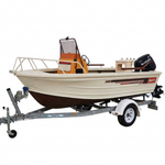 Three-quarter bow view of the Quintrex boat with its red and dark stripe kit