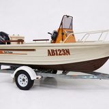 Three-quarter bow view with black Fish Finder lettering