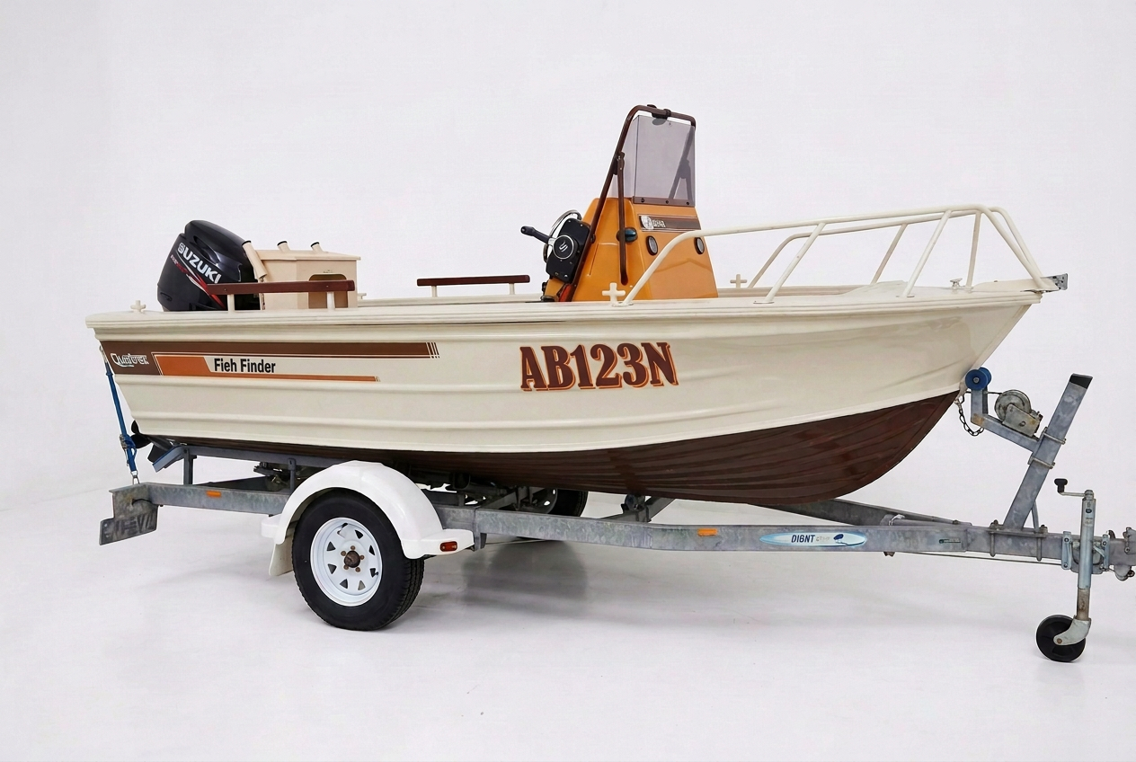 Three-quarter bow view with black Fish Finder lettering