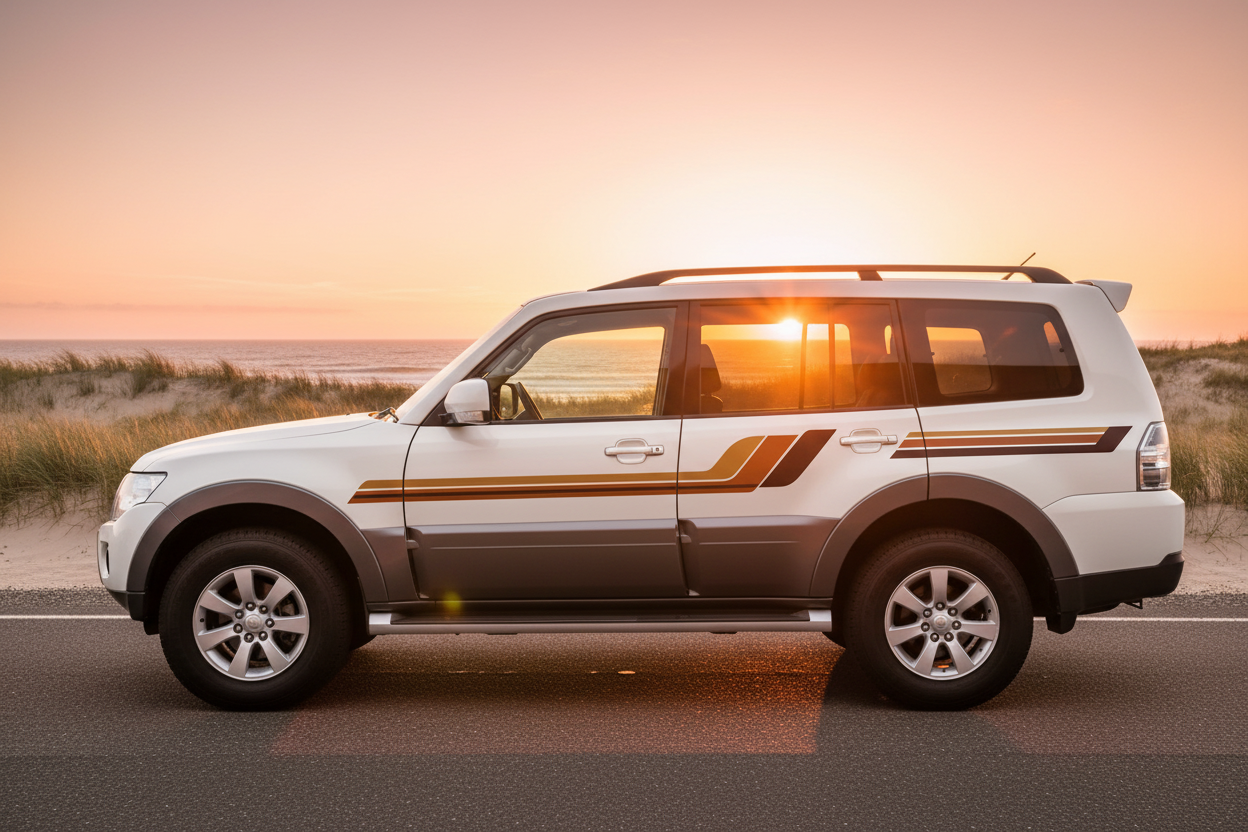Vehicle with gold, copper and brown stripes in an Australian coastal sunset setting