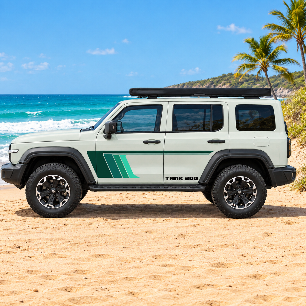 Vehicle with green stripes parked on an Australian beach