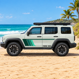 Vehicle with green stripes parked on an Australian beach