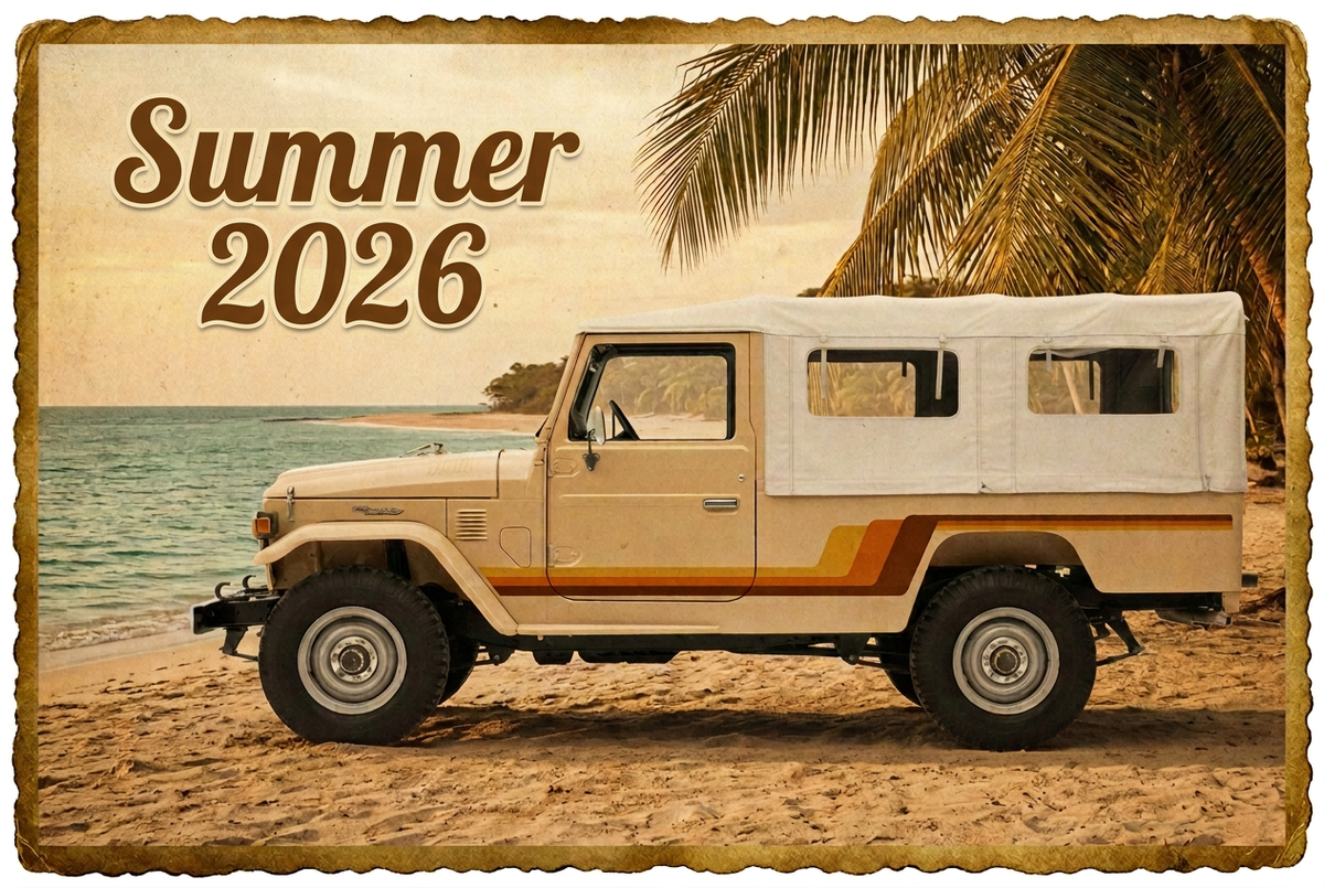 Vintage LandCruiser coastal hero with Summer 2026 lettering
