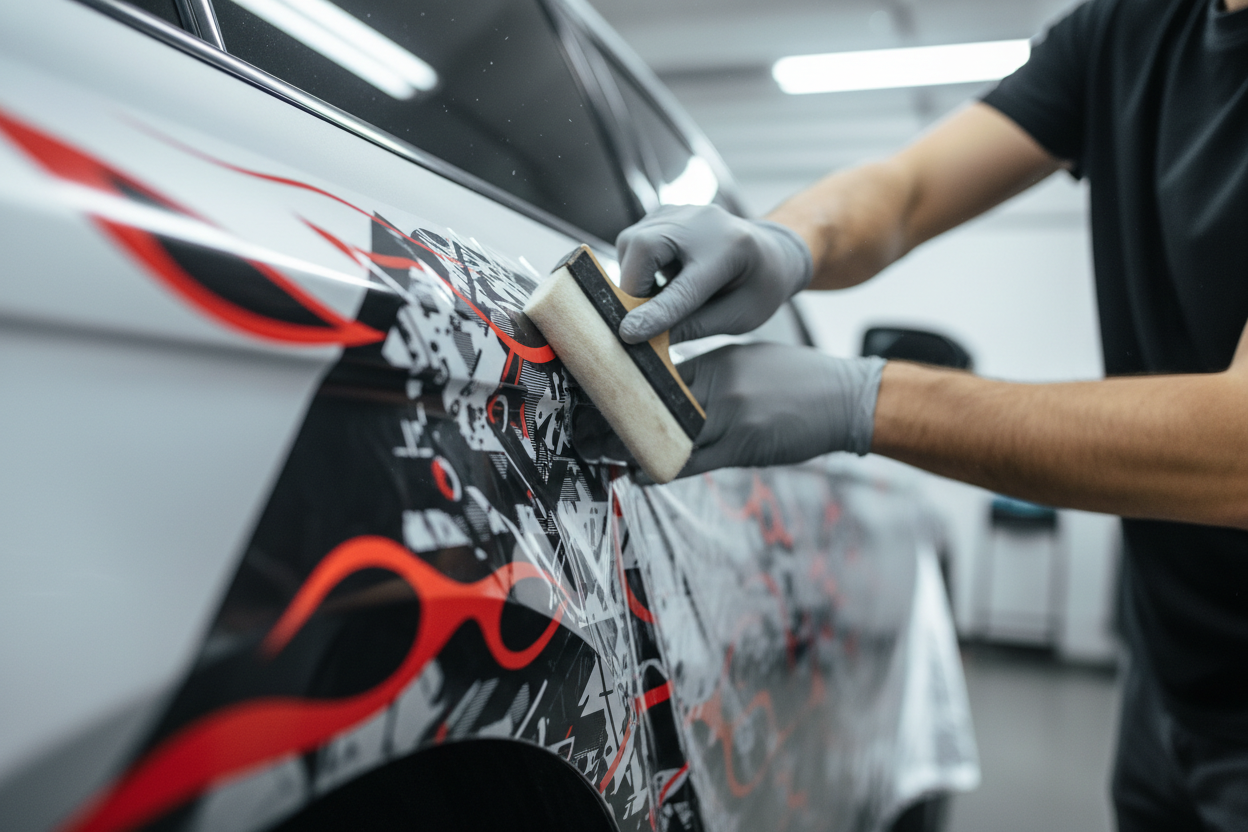 Vinyl wrap installation close-up