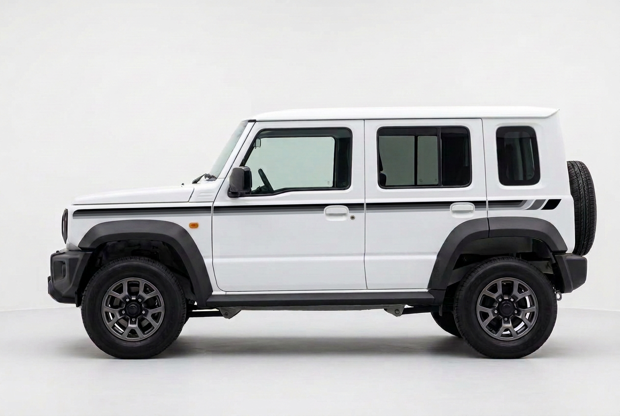 White five-door Jimny with grey, dark grey and black side stripes