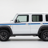 White five-door Jimny with navy, medium-blue and sky-blue stripes