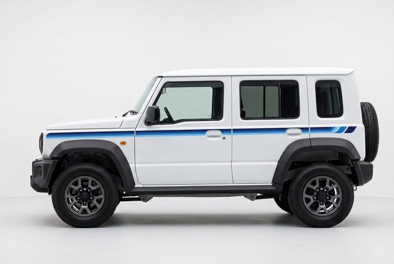 White five-door Jimny with navy, medium-blue and sky-blue stripes