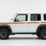 White five-door Suzuki Jimny with the reference’s red, orange and yellow side stripe