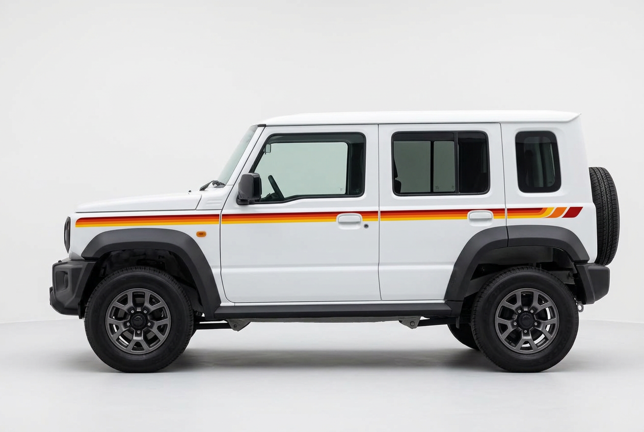 White five-door Suzuki Jimny with the reference’s red, orange and yellow side stripe