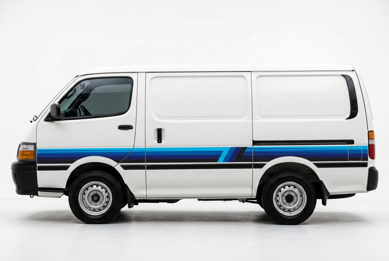 White HiAce with blue Palm Beach stripes