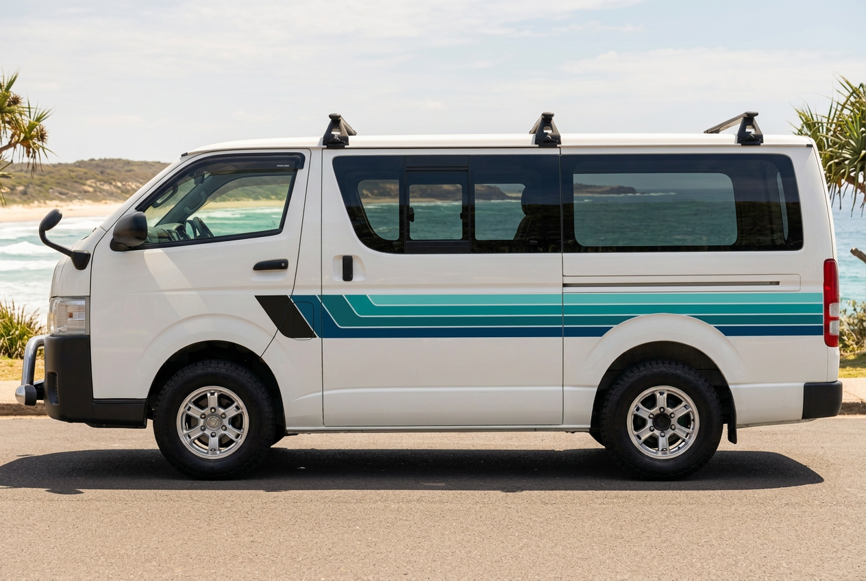 White HiAce with navy and teal stripes beside the coast
