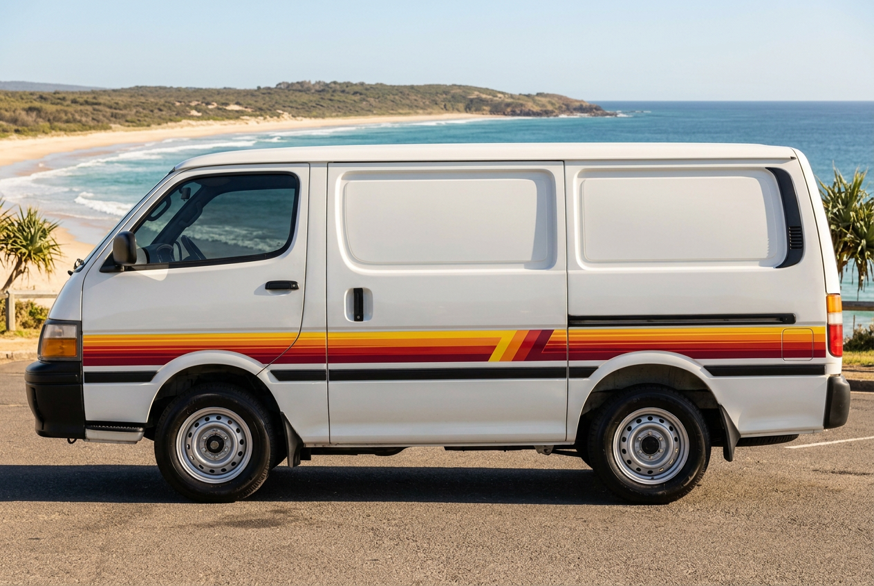 White HiAce with Palm Beach stripes in a sunny coastal setting
