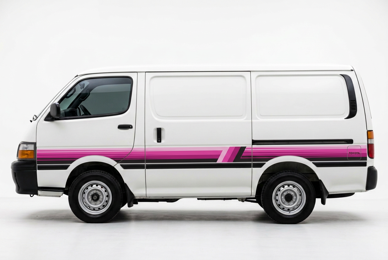 White HiAce with pink and black Palm Beach stripes