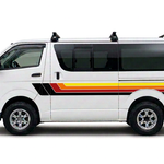 White HiAce with solid black red orange and yellow stripes