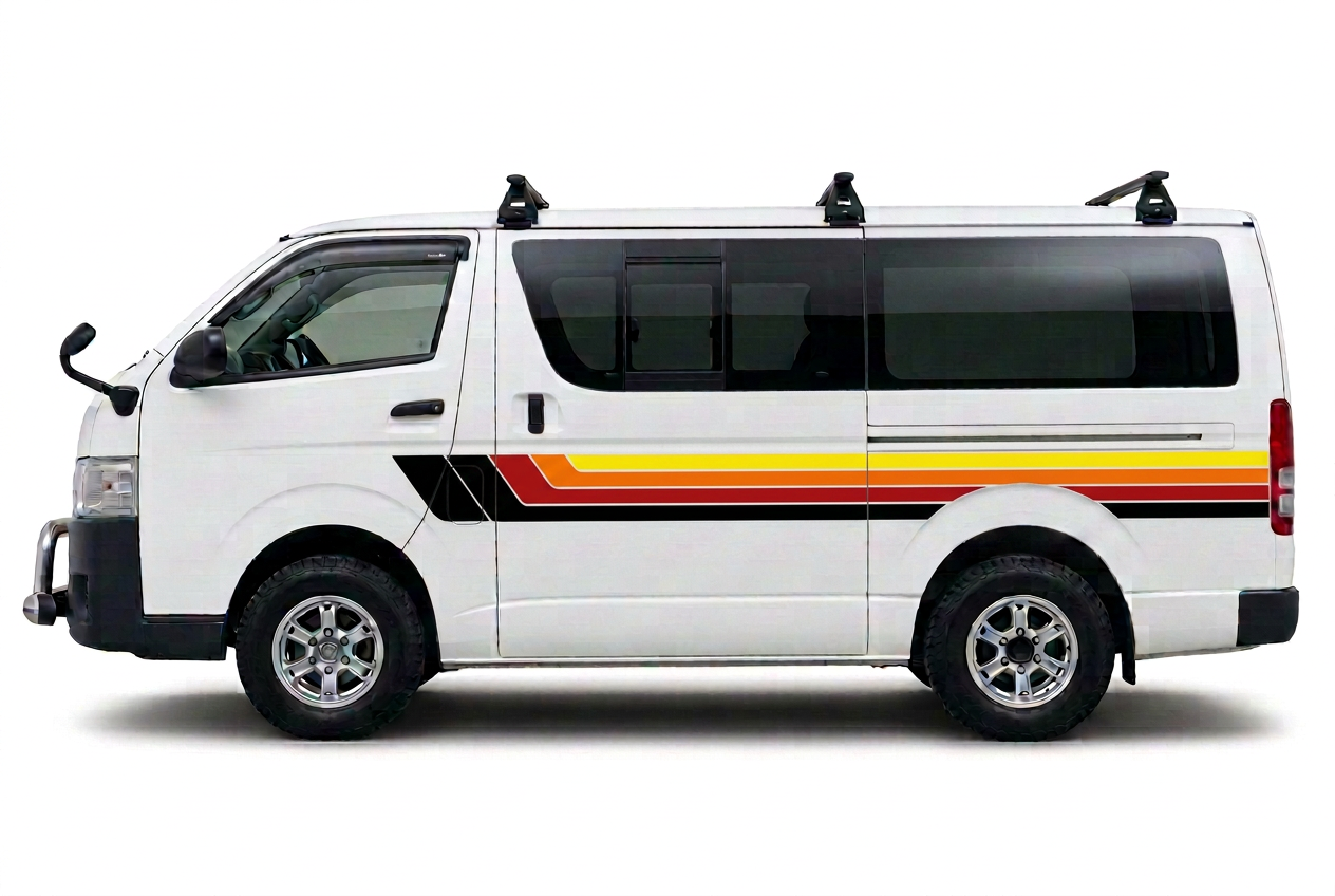 White HiAce with solid black red orange and yellow stripes