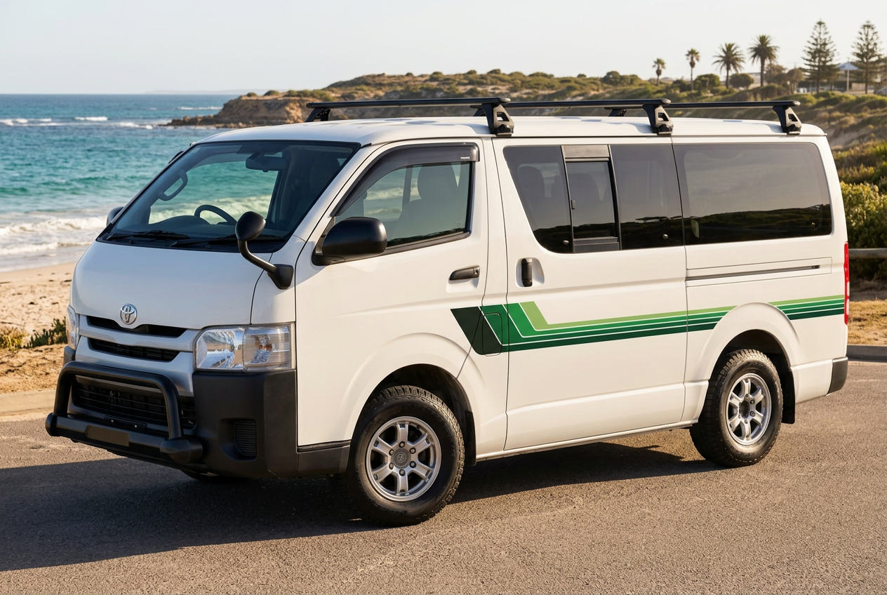 White HiAce with solid green stripes at a coastal lookout, front three-quarter view