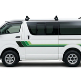 White HiAce with solid green vinyl stripes