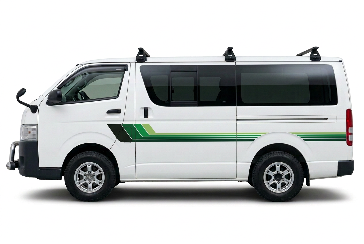 White HiAce with solid green vinyl stripes