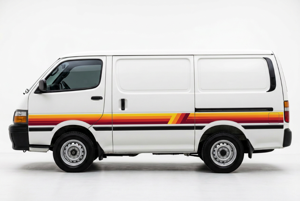 White HiAce with yellow orange red burgundy Palm Beach stripes