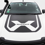 White Hilux bonnet decal with a white centre X and black RUGGED lettering