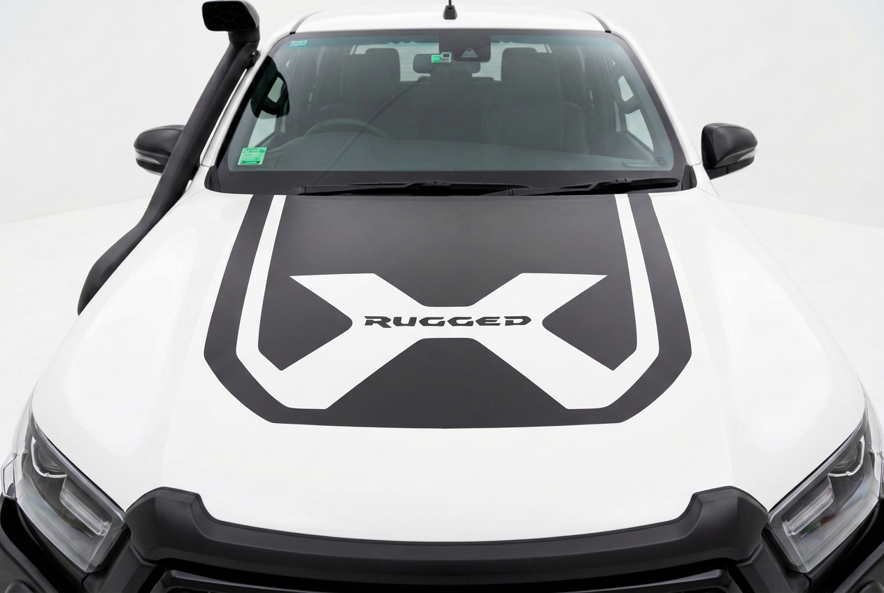 White Hilux bonnet decal with a white centre X and black RUGGED lettering