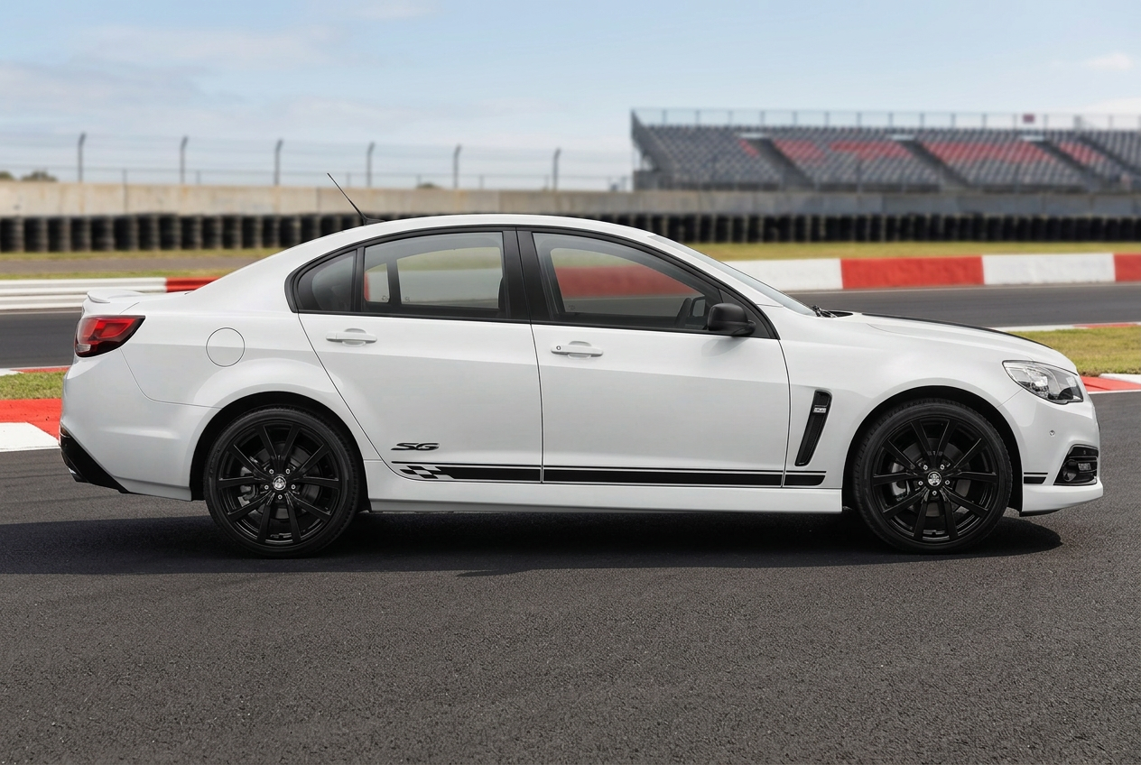 White Holden with black side stripes at a raceway