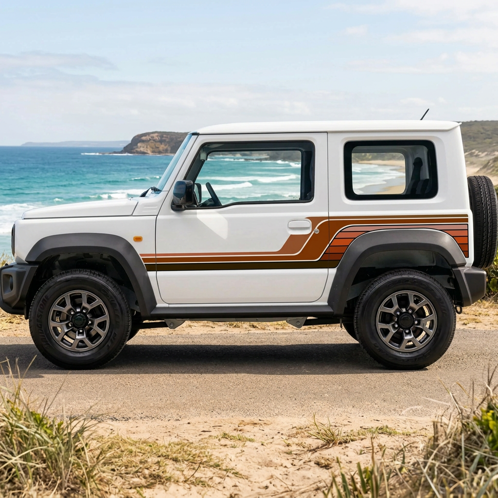 White Jimny with earth-tone stripes in an Australian coastal setting