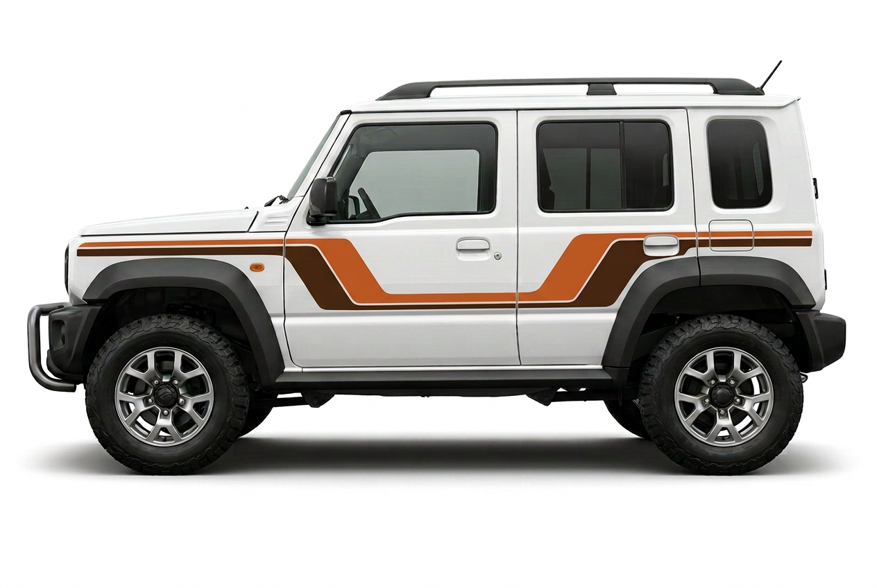 White Jimny with solid burnt orange and chocolate brown stripes