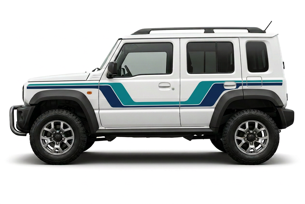 White Jimny with solid teal upper stripes and navy lower stripes