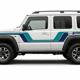 White Jimny with solid teal upper stripes and navy lower stripes