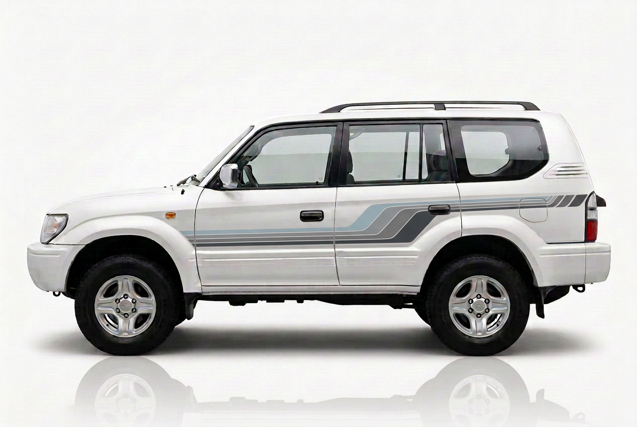 White Prado with blue grey stripes and detailed rear sweep
