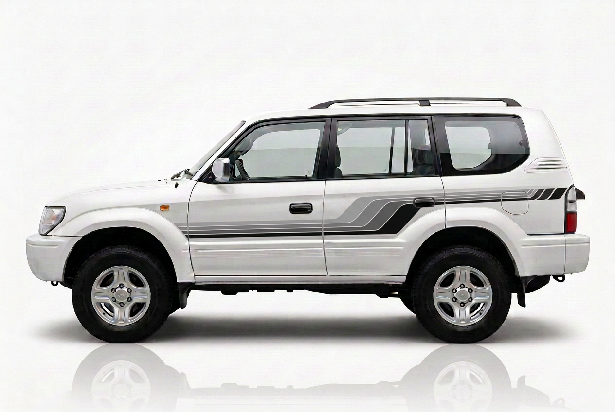 White Prado with grey black stripes and detailed rear sweep