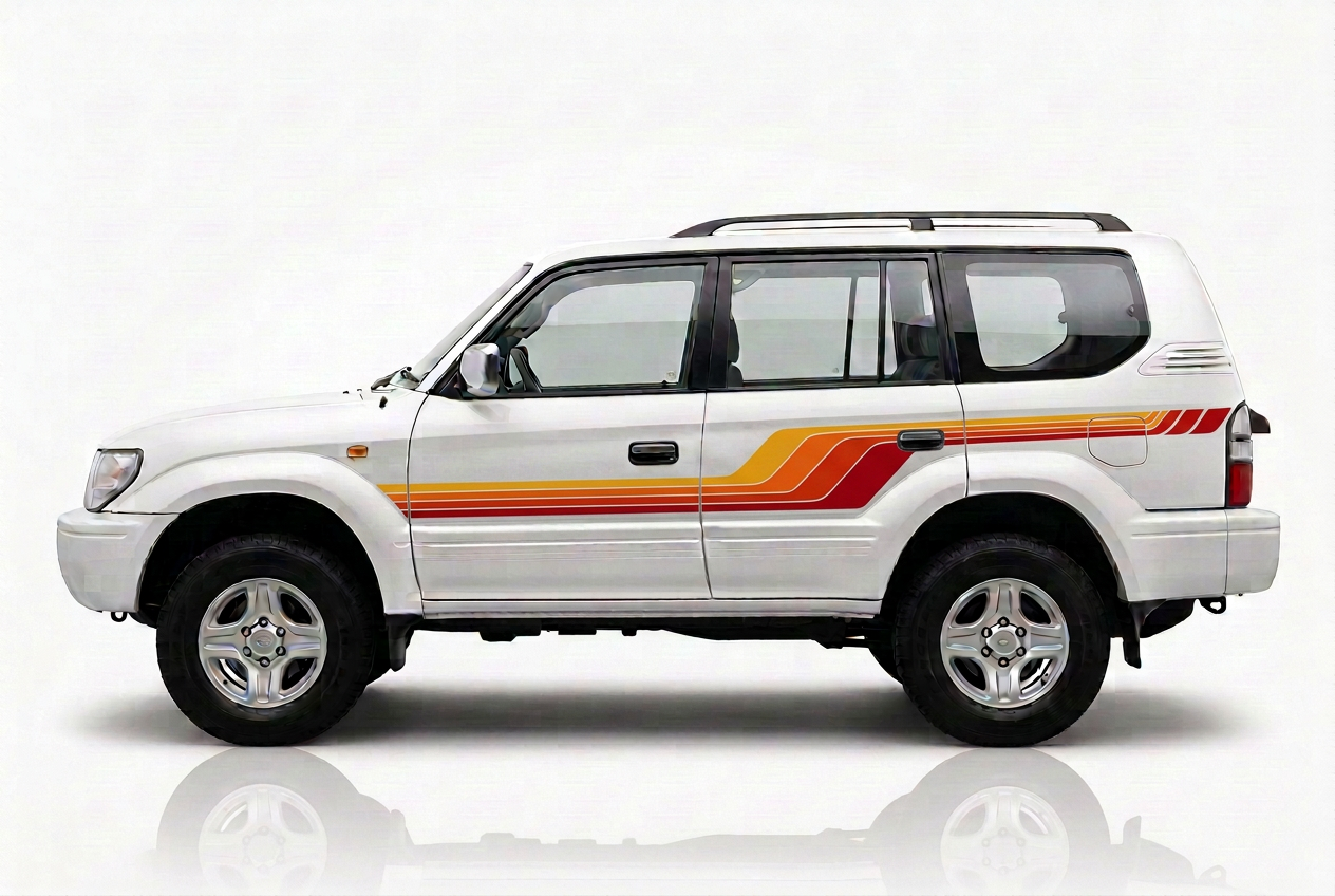 White Prado with the same detailed stripe style in yellow, orange and deep red
