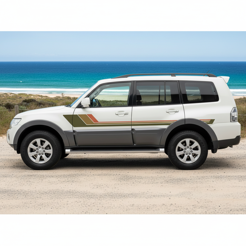 White SUV with retro stripe in an Australian coastal setting