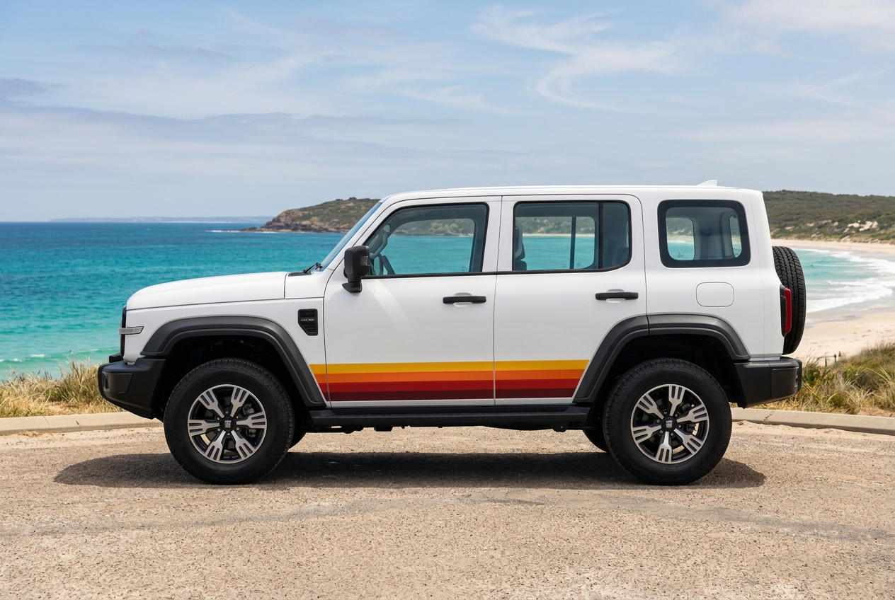 White TANK 300 with retro stripes in an Australian coastal setting