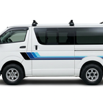 White Toyota HiAce 200 Series with blue-toned stripes