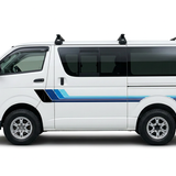 White Toyota HiAce 200 Series with blue-toned stripes