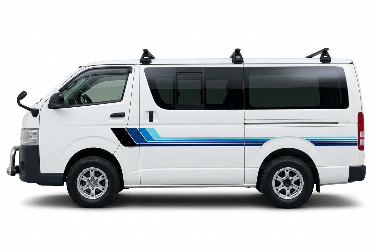White Toyota HiAce 200 Series with blue-toned stripes
