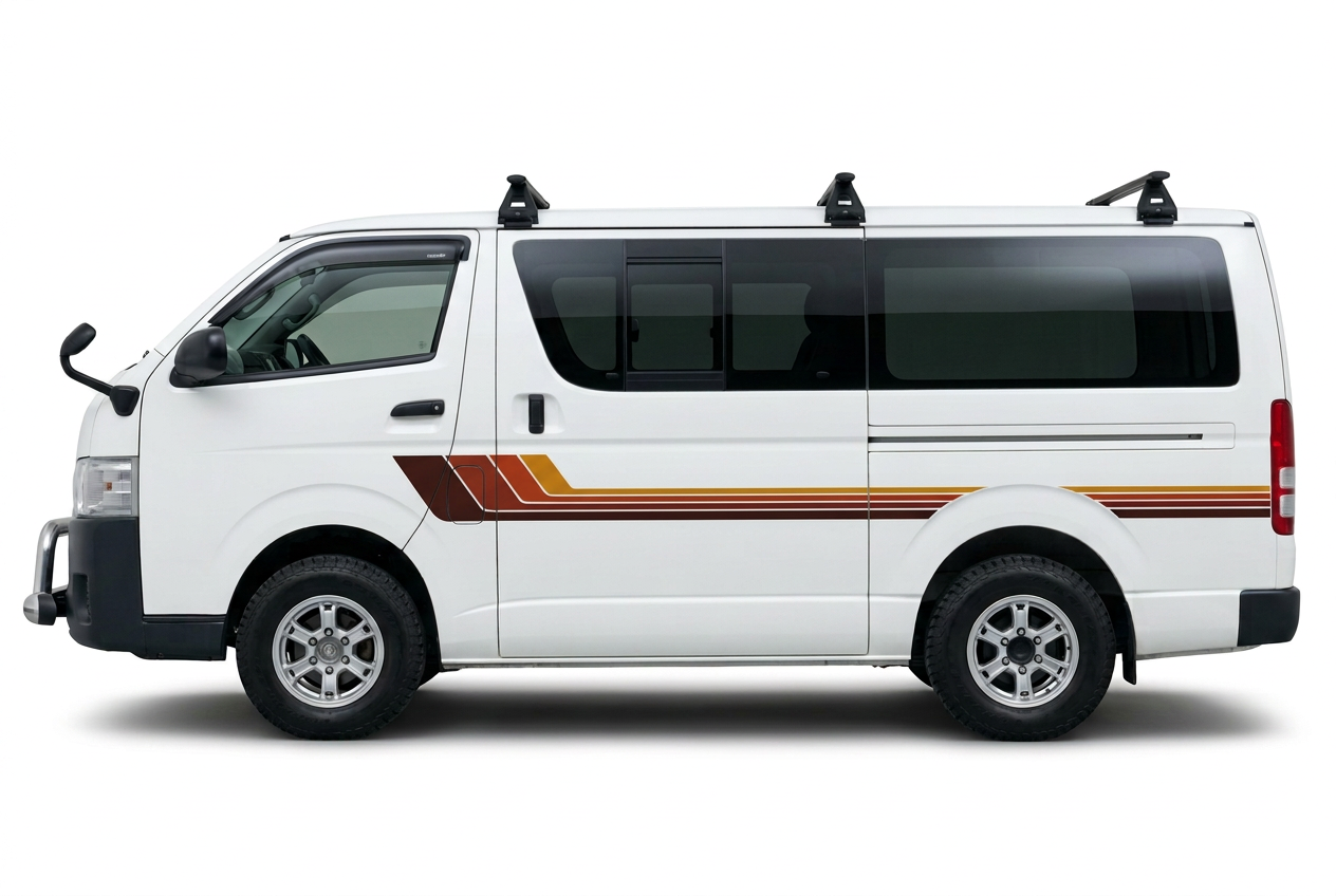 White Toyota HiAce 200 Series with rich earth-toned stripes