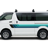 White Toyota HiAce with solid navy and teal stripes